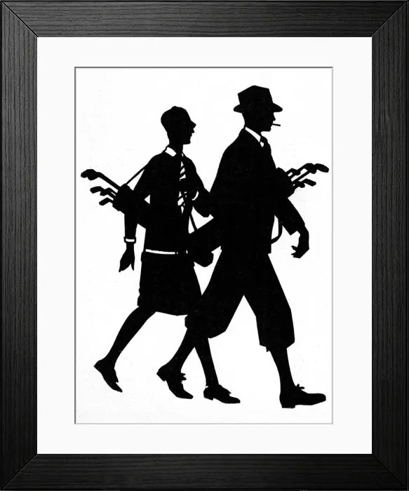 Framed Print : Silhouette of a couple with golfing gear Framed Print : Silhouette of a couple with golfing gear
