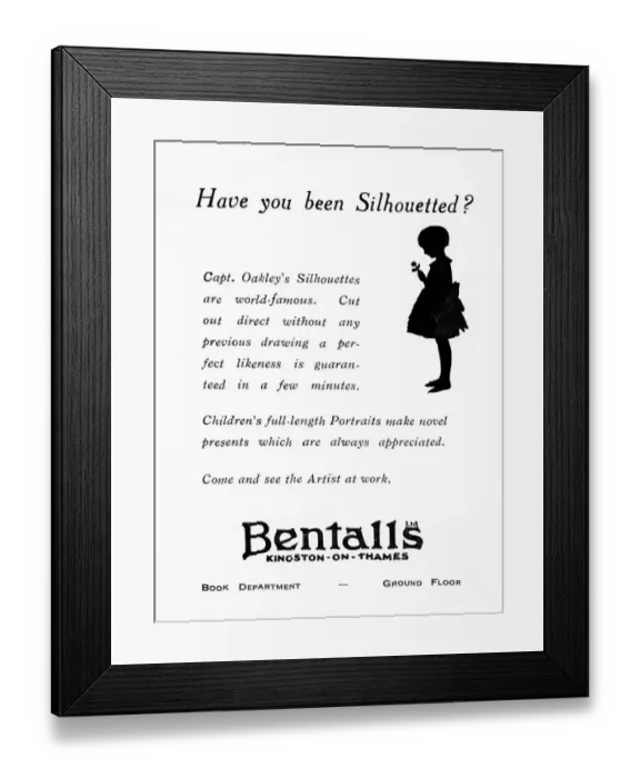 Framed Print : Silhouette advertisement for H. L. Oakley at Bentalls Framed Print : Silhouette advertisement for H. L. Oakley at Bentalls