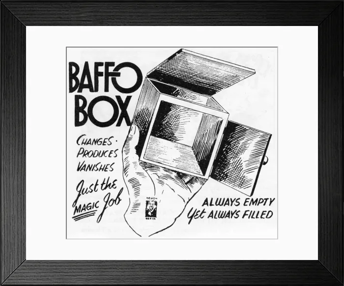 Framed Print : Baffo Box. Title block for a trick in a Magic dealers trick catalogue Date: 1952 Framed Print : Baffo Box. Title block for a trick in a Magic dealers trick catalogue Date: 1952