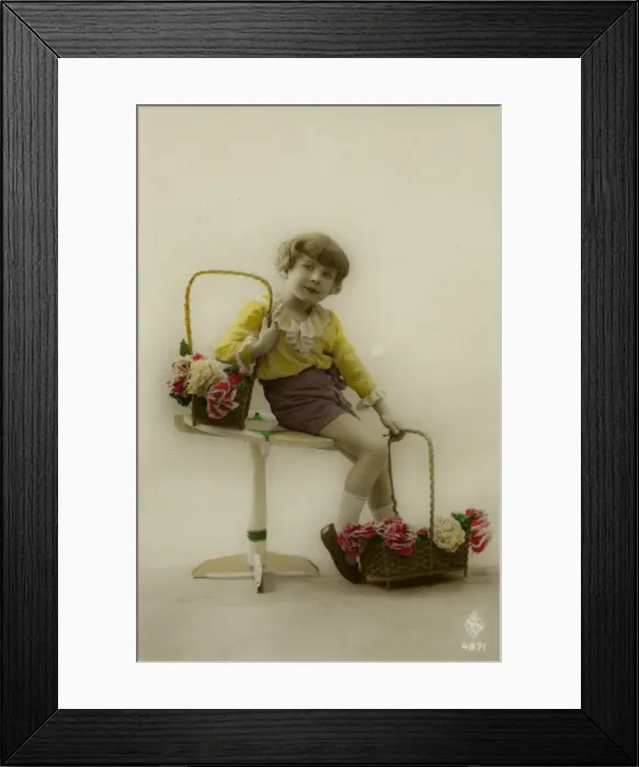 Framed Print : Little girl on a postcard with baskets of flowers Framed Print : Little girl on a postcard with baskets of flowers