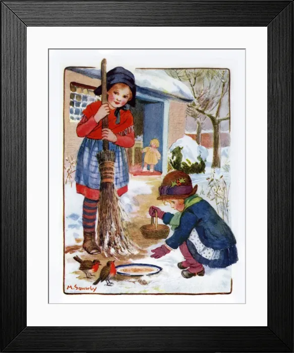 Framed Print : Winter scene. Feeding robins Framed Print : Winter scene. Feeding robins