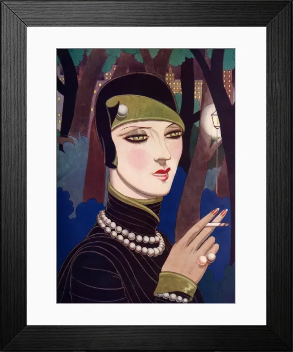 Framed Print : A fashionable woman wearing pearls and smoking Framed Print : A fashionable woman wearing pearls and smoking