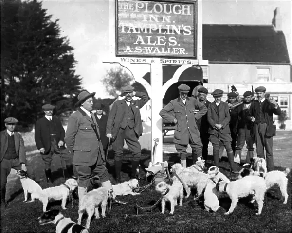 Badger hunters outside Plough Inn, Pyecombe, Sussex