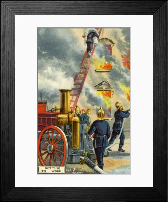 Framed Print : Firemen. From a postcard illustration. Getting to Work'. Date: 1903 Framed Print : Firemen. From a postcard illustration. Getting to Work'. Date: 1903