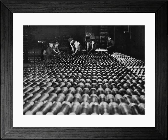 Framed Print : Finished shells in a munitions factory, 1939 Framed Print : Finished shells in a munitions factory, 1939