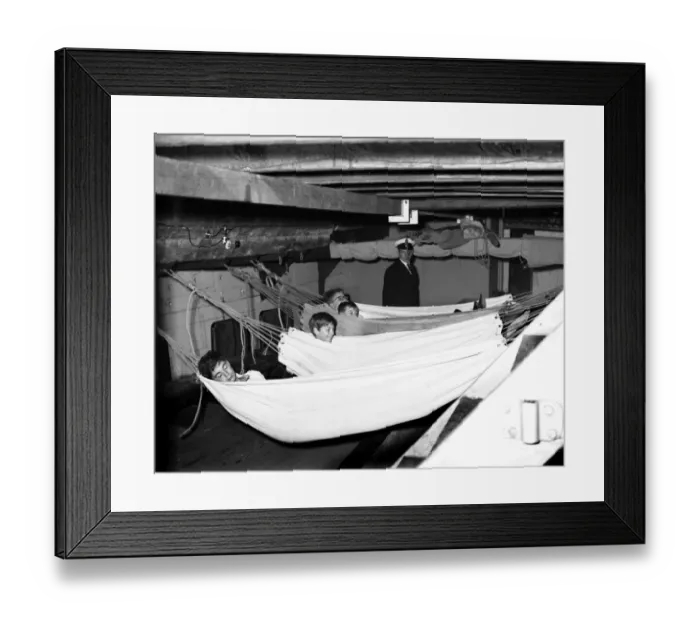Framed Print : Sea Cadets in hammocks on a barge, Walton, Essex Framed Print : Sea Cadets in hammocks on a barge, Walton, Essex
