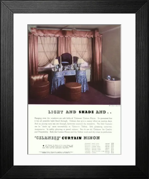 Framed Print : Advert for Celanese curtain ninon 1938