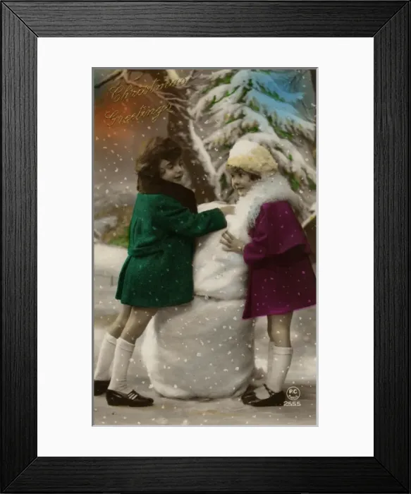 Framed Print : Two little girls on Christmas Greetings postcard Framed Print : Two little girls on Christmas Greetings postcard