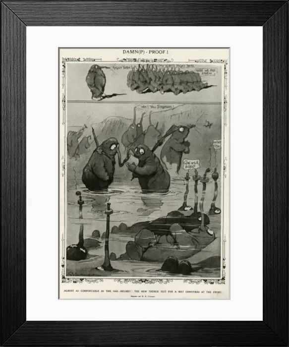 Framed Print : The new trench suit for a wet Christmas at the Front - satir