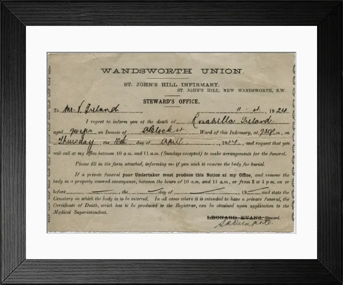 Framed Print : Wandsworth Workhouse Death Notice Framed Print : Wandsworth Workhouse Death Notice