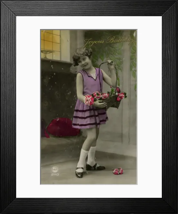 Framed Print : Little girl on a birthday greetings postcard Framed Print : Little girl on a birthday greetings postcard