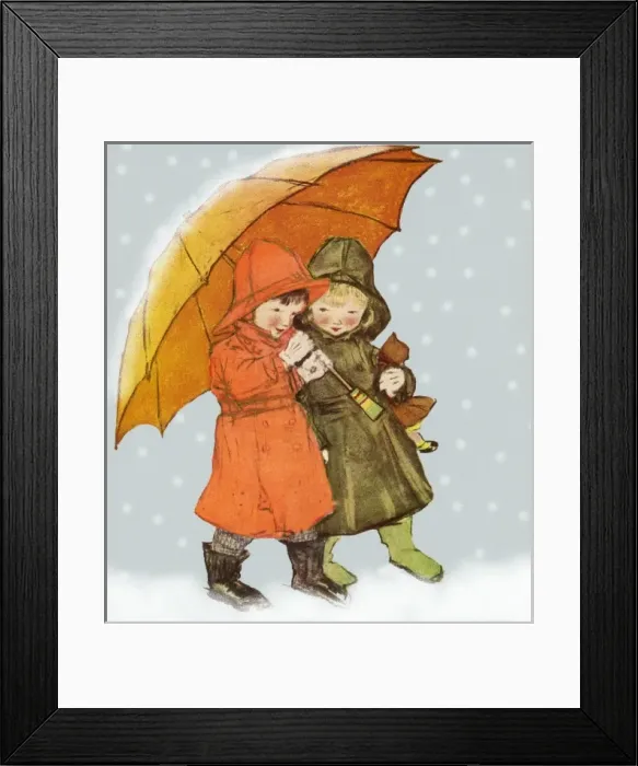 Framed Print : Two children with umbrella in snow Framed Print : Two children with umbrella in snow