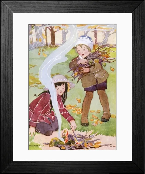 Framed Print : Two children tend to a fire Framed Print : Two children tend to a fire