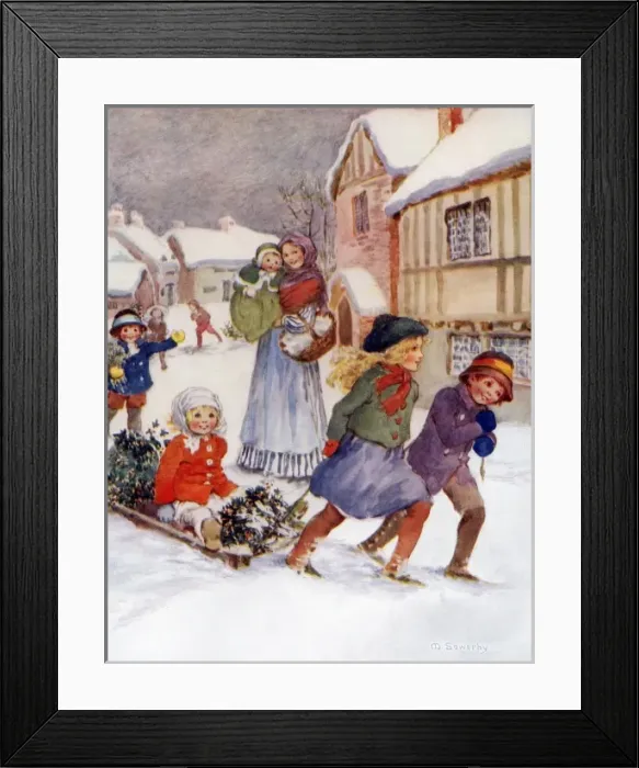 Framed Print : Children pulling a sleigh Framed Print : Children pulling a sleigh