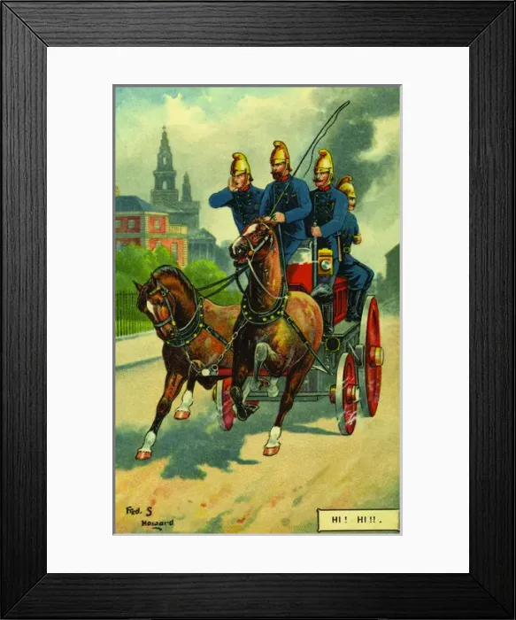 Framed Print : Firemen. From a postcard illustration. Hi! Hi!'. Date: 1904 Framed Print : Firemen. From a postcard illustration. Hi! Hi!'. Date: 1904