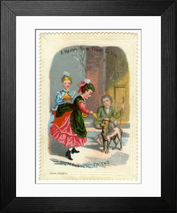 Framed Print : Xmas card. Giving alms to a beggar with dog Framed Print : Xmas card. Giving alms to a beggar with dog