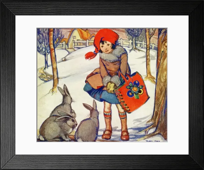 Framed Print : Winter scene. Girl and rabbits Framed Print : Winter scene. Girl and rabbits