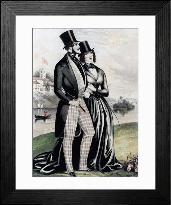 Framed Print : Couple taking a walk in top hats Framed Print : Couple taking a walk in top hats