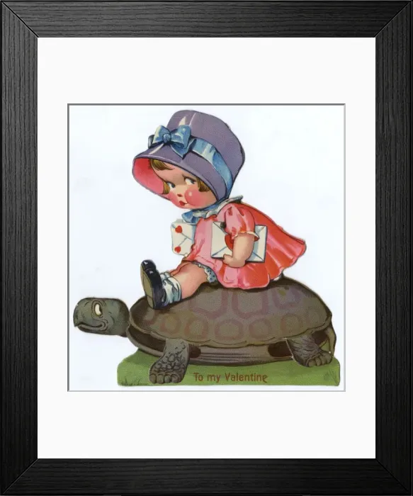 Framed Print : Valentines Day card - little girl on tortoise Framed Print : Valentines Day card - little girl on tortoise