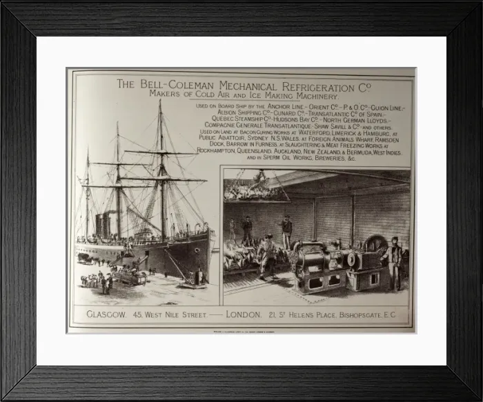 Framed Print : Advertisement for refrigeration units for ships Framed Print : Advertisement for refrigeration units for ships