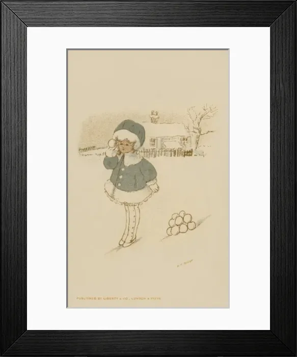 Framed Print : Winter scene. Girl with snowballs Framed Print : Winter scene. Girl with snowballs