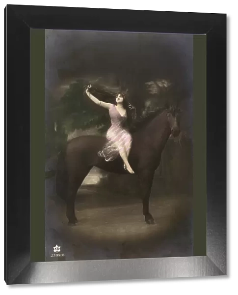 Long-haired girl on a massive black horse