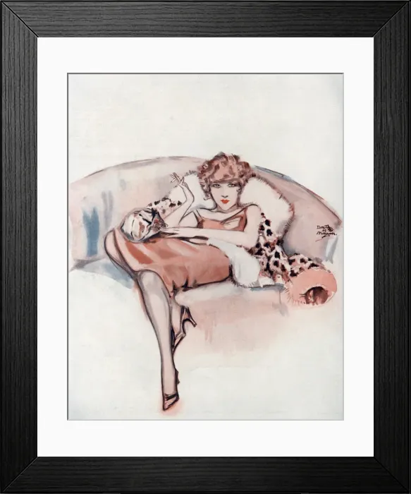 Framed Print : A young flapper woman reclining on a snow leopard pelt Framed Print : A young flapper woman reclining on a snow leopard pelt