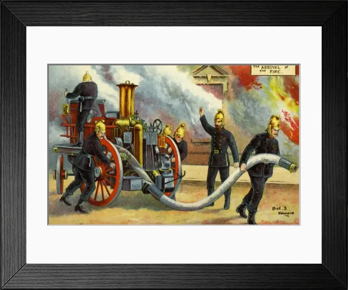 Framed Print : Firemen. From a postcard illustration. The Arrival of the Fire'. Date: 1903 Framed Print : Firemen. From a postcard illustration. The Arrival of the Fire'. Date: 1903