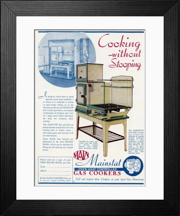 Framed Print : Advert for Main Mainstat gas cookers with no stooping Framed Print : Advert for Main Mainstat gas cookers with no stooping