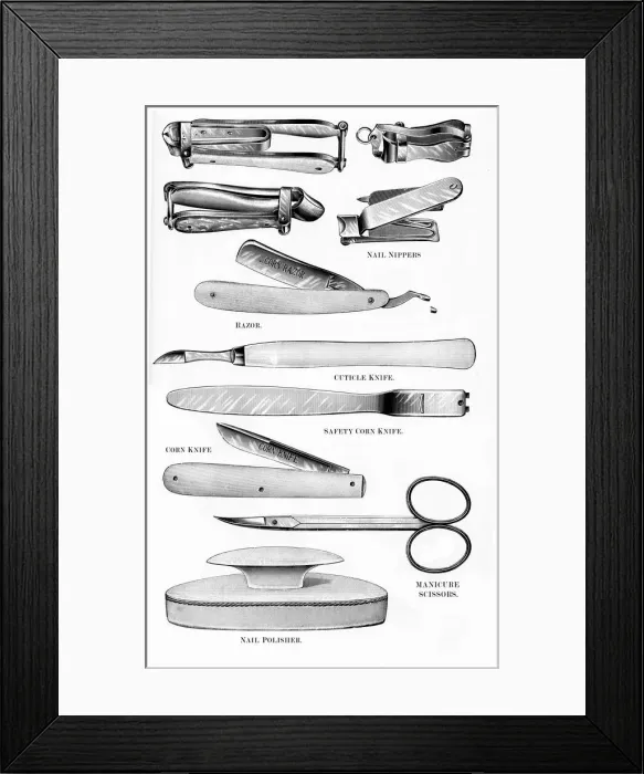 Framed Print : Nail trimmers, scissors, pen knives & buffing block Framed Print : Nail trimmers, scissors, pen knives & buffing block