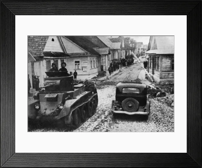 Framed Print : Russian armoured car rattles through Polish town, 1939 Framed Print : Russian armoured car rattles through Polish town, 1939