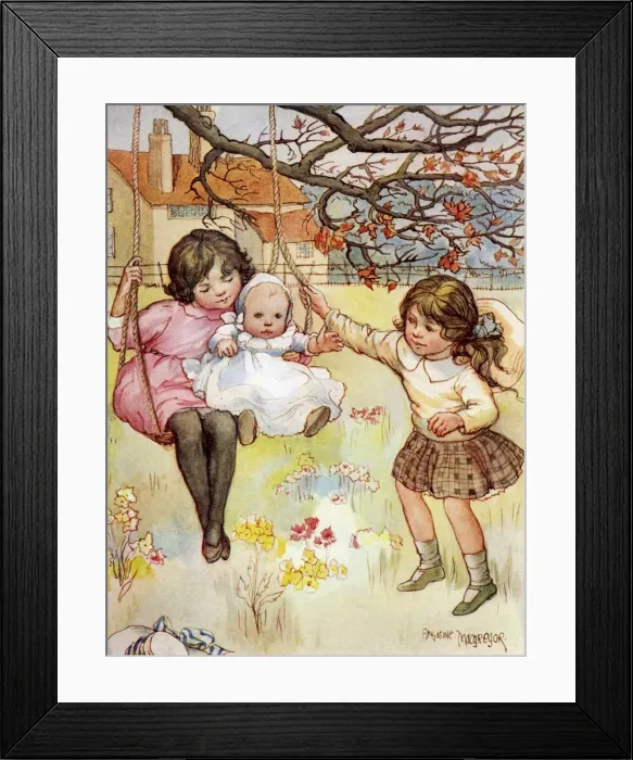 Framed Print : Autumn scene. Young girls on a garden swing Framed Print : Autumn scene. Young girls on a garden swing