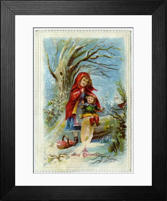 Framed Print : Xmas card. Girl & child on a yule log Framed Print : Xmas card. Girl & child on a yule log