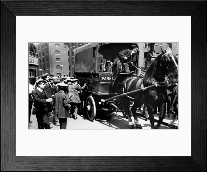 Framed Print : Striking dockers attacking transport, London Framed Print : Striking dockers attacking transport, London