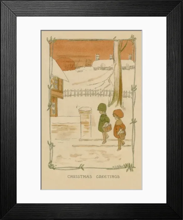 Framed Print : Winter scene. Girls with baskets Framed Print : Winter scene. Girls with baskets