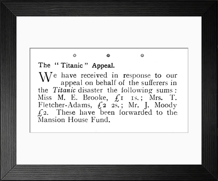 Framed Print : Titanic disaster appeal fund - report of donations in Tatler Framed Print : Titanic disaster appeal fund - report of donations in Tatler