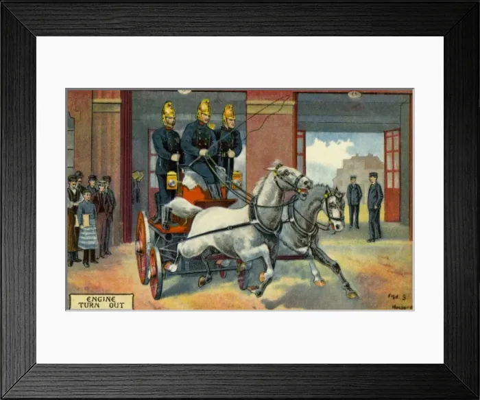 Framed Print : Firemen. From a postcard illustration: Engine Turn Out.. 1903 Framed Print : Firemen. From a postcard illustration: Engine Turn Out.. 1903
