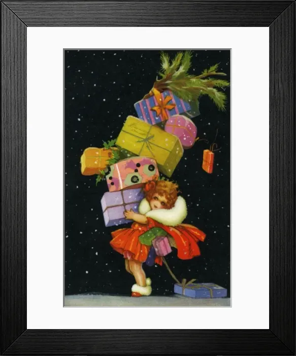 Framed Print : Girl laden with Xmas gifts Framed Print : Girl laden with Xmas gifts