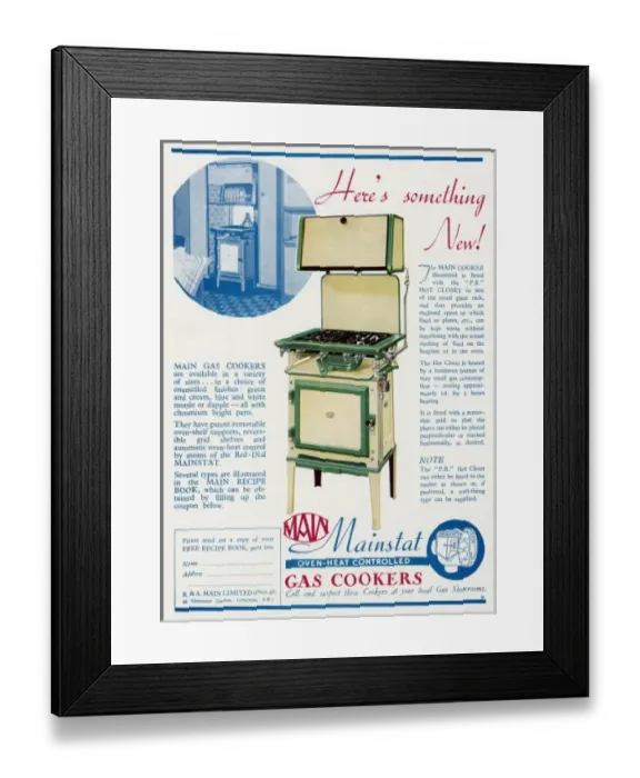 Framed Print : Advert for Main Mainstat gas cookers with hot plate 1938 Framed Print : Advert for Main Mainstat gas cookers with hot plate 1938