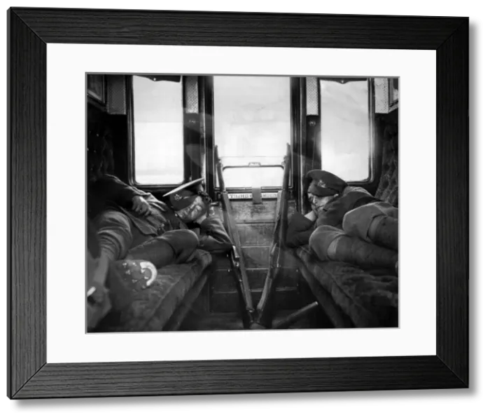 Framed Print : Soldiers asleep in railway carriage during rail strike Framed Print : Soldiers asleep in railway carriage during rail strike
