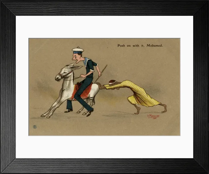 Framed Print : British sailor on a mule, pushed by Egyptian man Framed Print : British sailor on a mule, pushed by Egyptian man