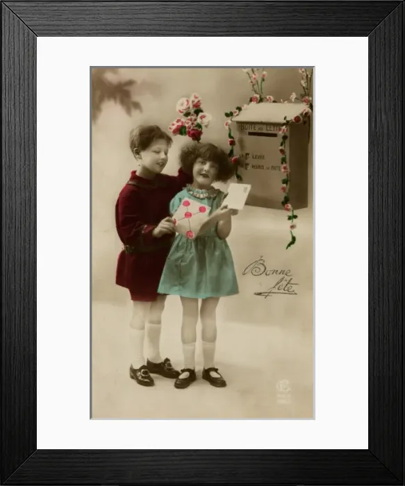Framed Print : Girl and boy posting a letter Framed Print : Girl and boy posting a letter