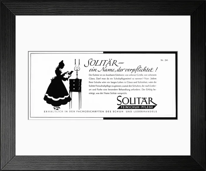 Framed Print : Advertisement for Solitar Fine Shoe Care