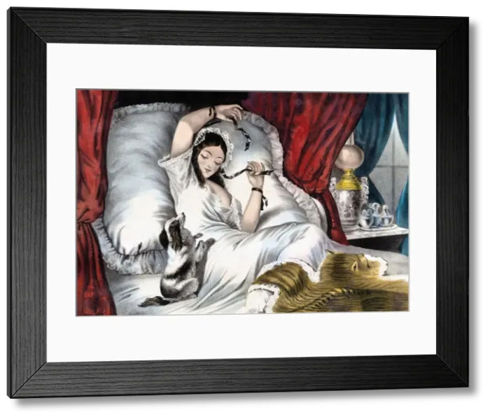 Framed Print : Pet dog waking woman in bed Framed Print : Pet dog waking woman in bed