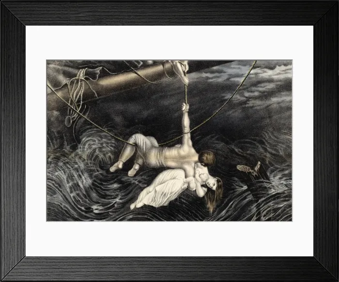 Framed Print : Man rescuing woman and baby from the sea during a shipwreck Framed Print : Man rescuing woman and baby from the sea during a shipwreck