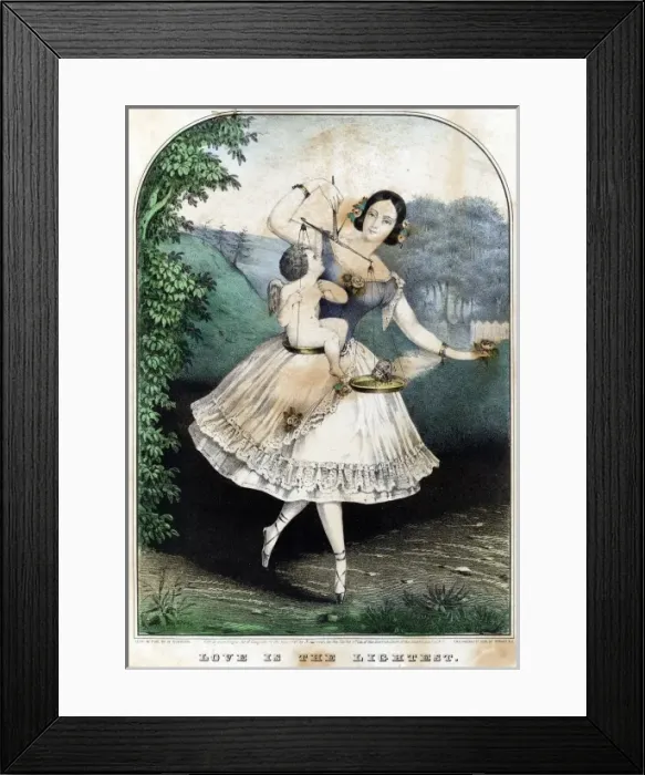 Framed Print : Woman weighing love and a butterfly on scales Framed Print : Woman weighing love and a butterfly on scales