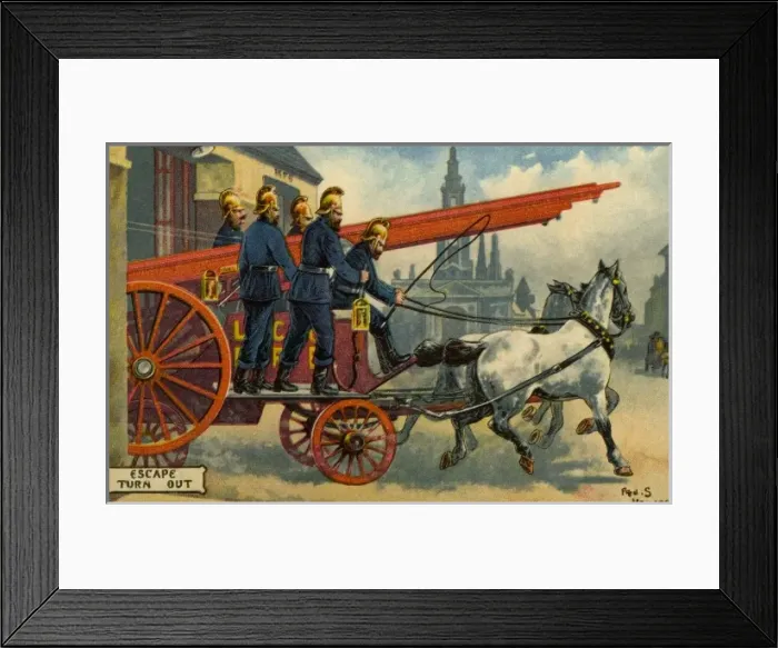 Framed Print : Firemen. From a postcard illustration. Escape Turn Out'. Date: 1903 Framed Print : Firemen. From a postcard illustration. Escape Turn Out'. Date: 1903