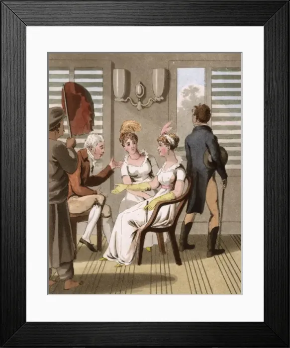 Framed Print : European lady attended by a servant using a hand punkah Framed Print : European lady attended by a servant using a hand punkah