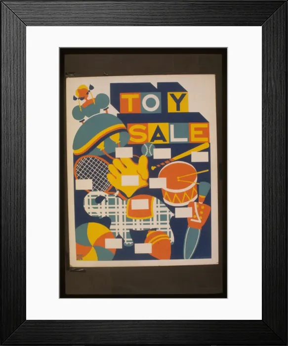 Framed Print : Toy sale. Poster announcing toy sale, showing several toys. Date between 1936 and 1941 Framed Print : Toy sale. Poster announcing toy sale, showing several toys. Date between 1936 and 1941