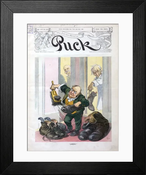 Framed Print : James. Illustration shows Joseph G. Cannon handing a shoe labeled Stand Pat to James S Framed Print : James. Illustration shows Joseph G. Cannon handing a shoe labeled Stand Pat to James S